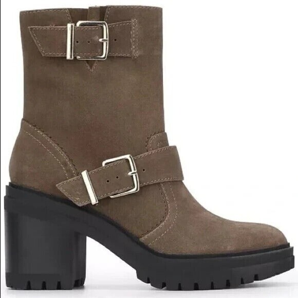 Kenneth Cole Womens Rhode Taupe Leather Block Heel Motorcycle Boots 5.5 - Picture 1 of 10